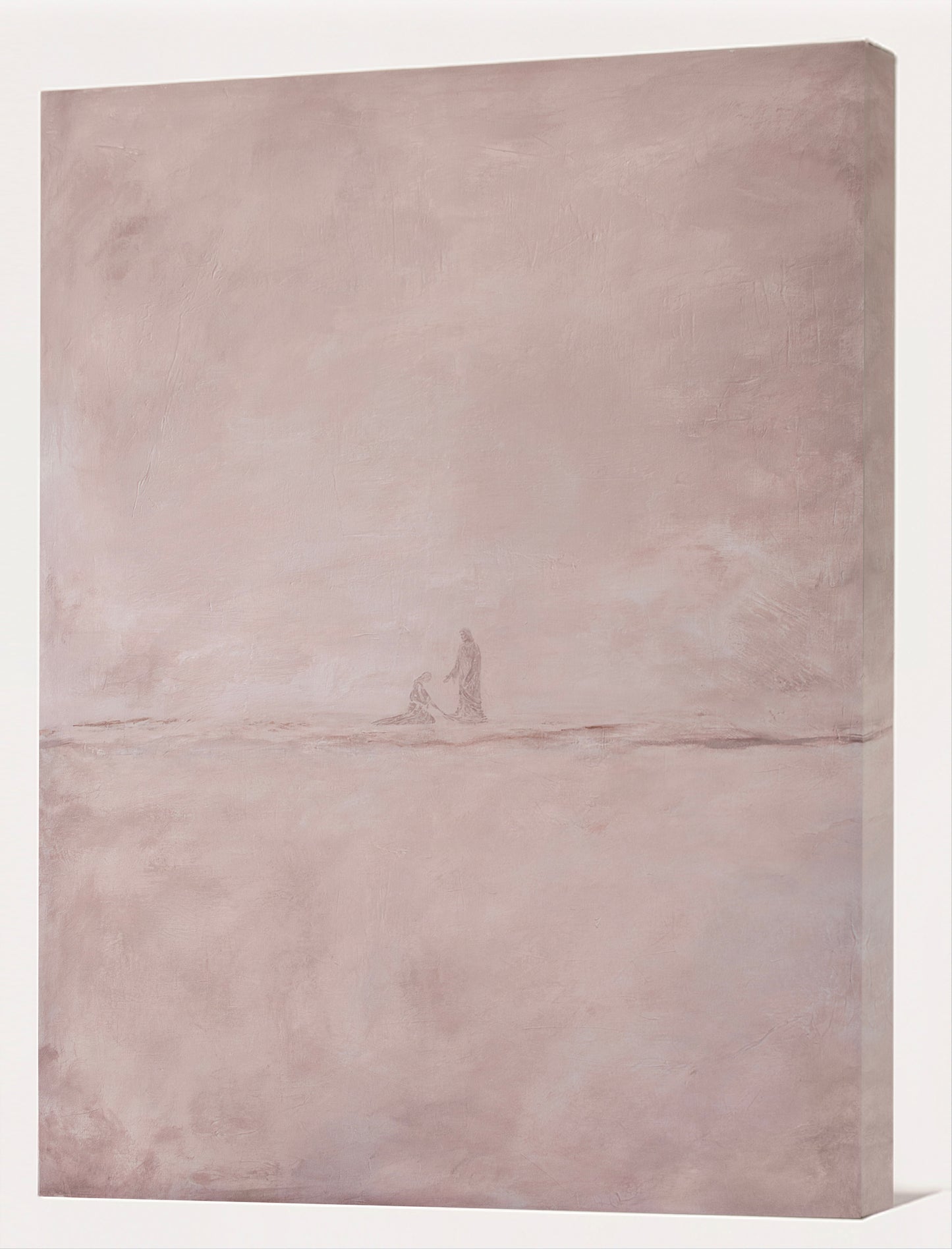 Unframed gallery-wrapped blush pink Jesus canvas shown at an angle to show the wrapped 1.5-inch edge