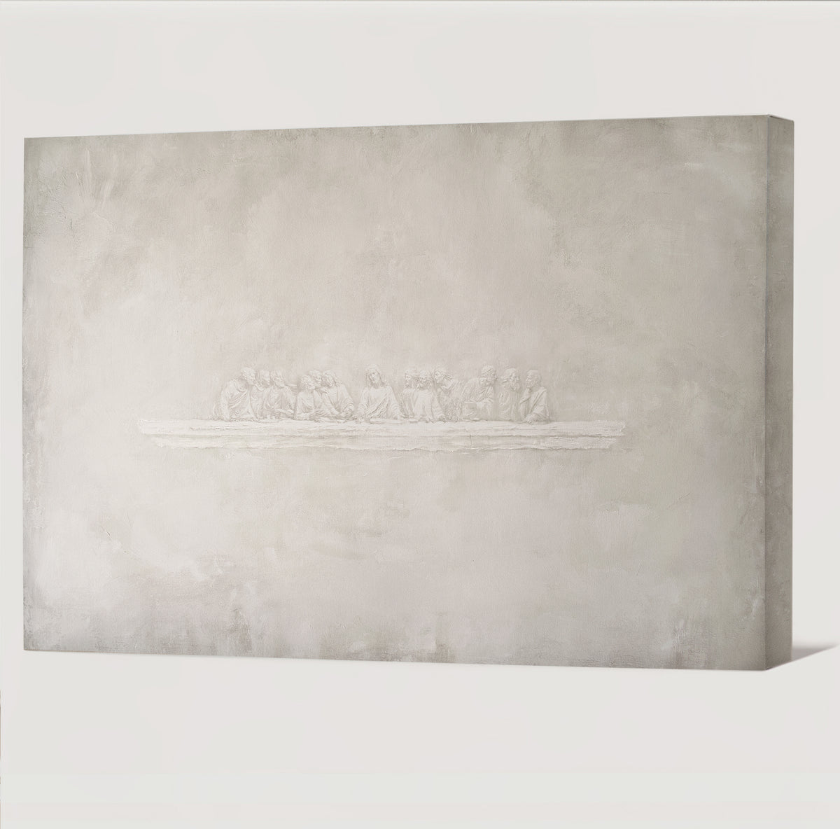 The Last Supper canvas viewed close, Jesus and the twelve at a long table, raised tone on tone from the field