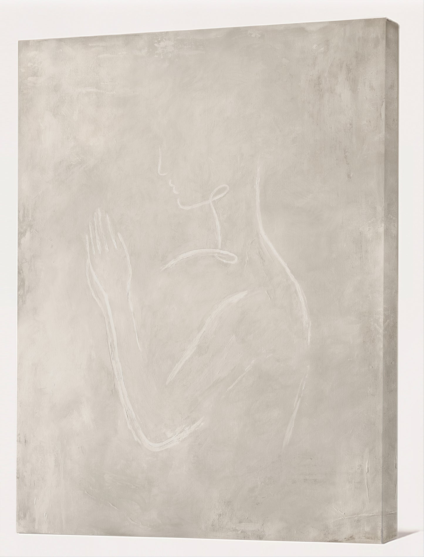 No-frame gallery-wrapped praying woman canvas shown at an angle to show the edge