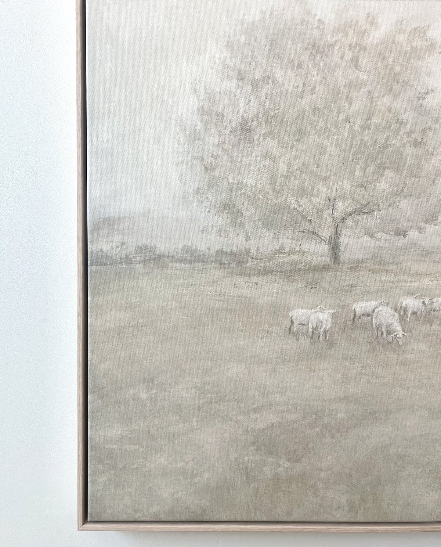 Neutral Psalm 23 canvas macro, sheep grazing beneath a pale tree, giclee brushwork on archival canvas weave