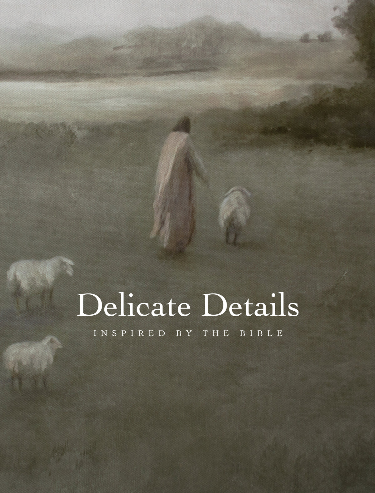 The Lord Is My Shepherd, Vertical detail study, green pastures and a grazing flock, composed tall, drawn from Psalm 23