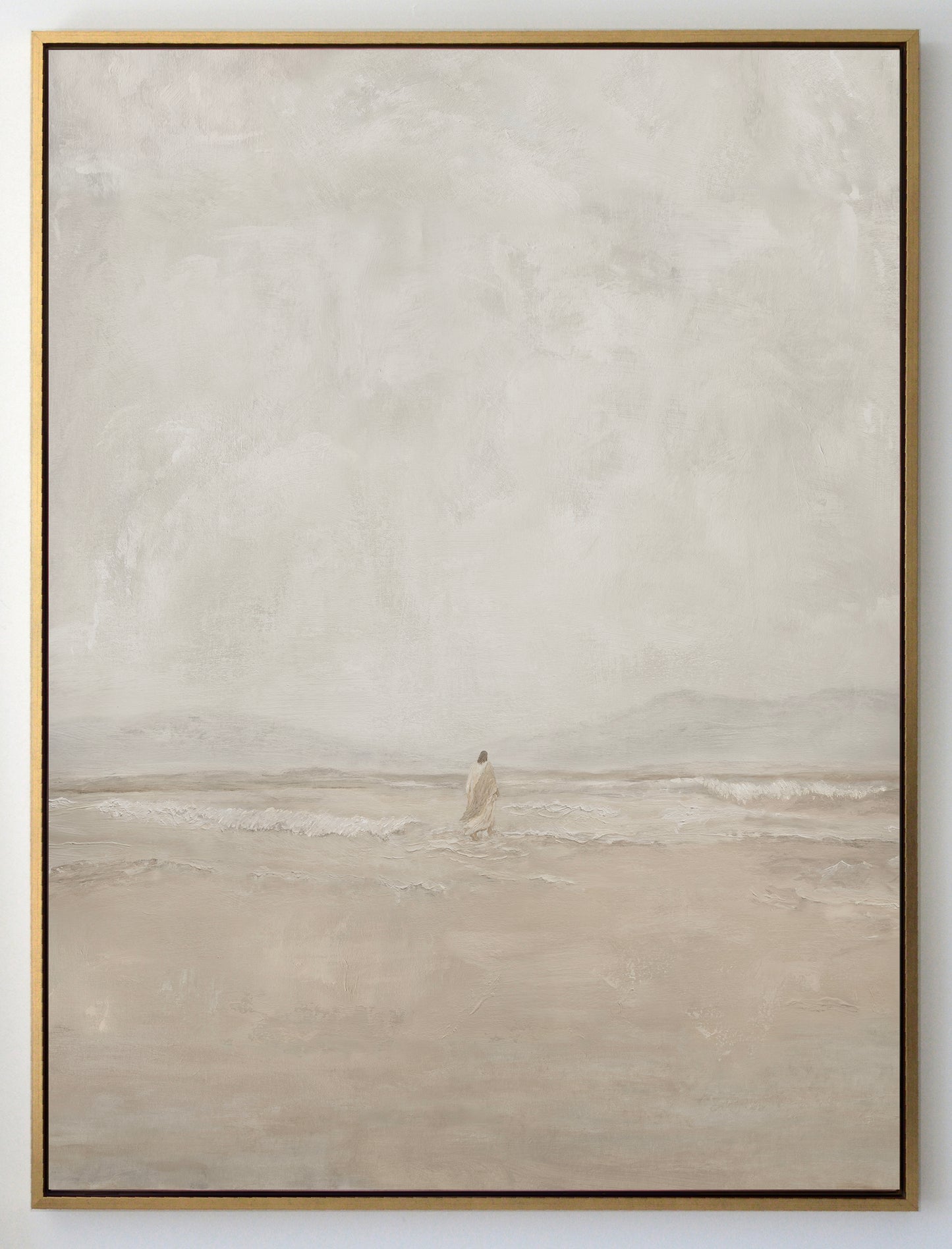 Vertical Jesus Walks on Water canvas in a gold frame, warm beige seascape of Christ for a stairwell or prayer corner
