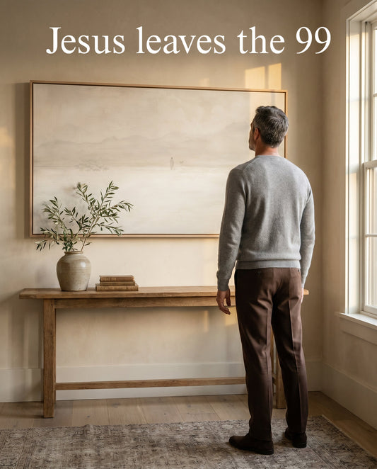 Modern Christian wall art of Jesus searching for one sheep, a neutral-toned canvas print depicting the Parable of the Lost Sheep displayed in a warm minimal living room