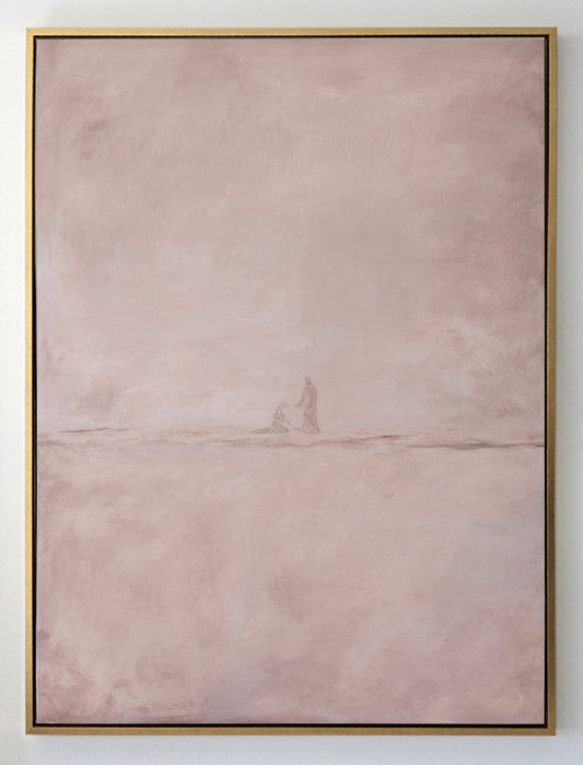 Jesus Heals the Bleeding Woman in soft pink, the woman kneeling and Jesus standing before her on an open horizon