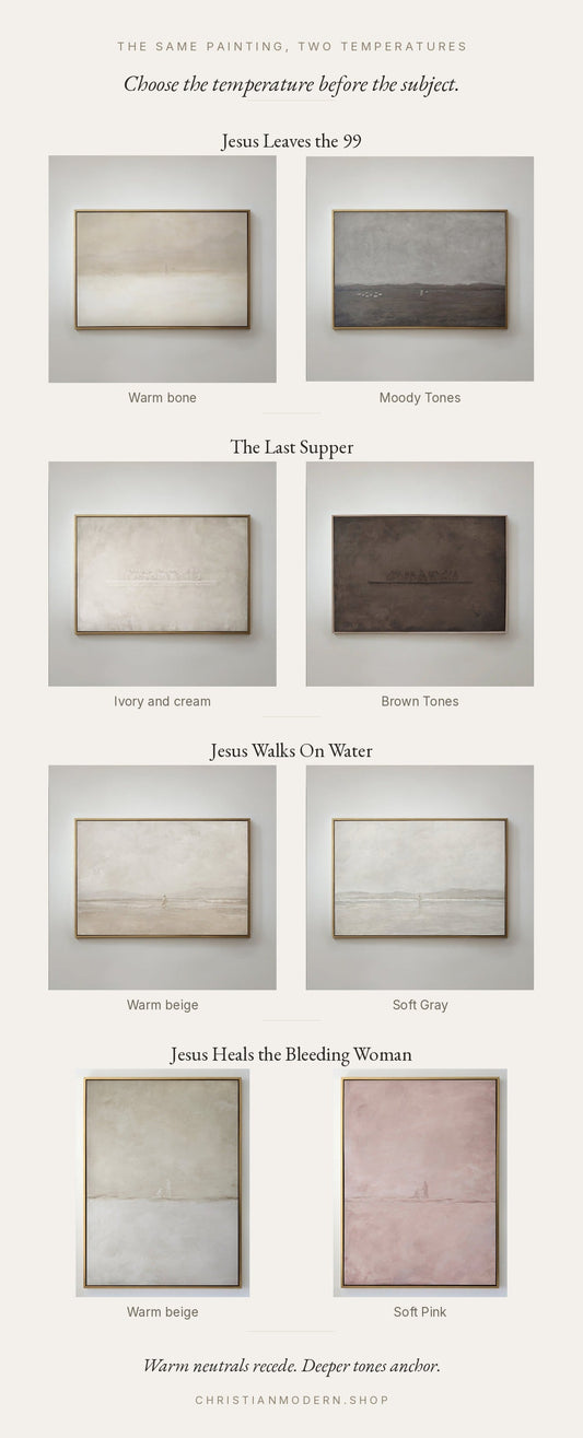 Four Christian Modern paintings shown side by side in two temperatures each, a warm neutral version beside a deeper or cooler version of the same composition