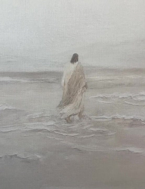 Close view of Jesus Walks On Water showing Jesus in white crossing the stilled sea as the breakers fade to mist