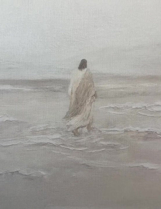 Close view of Jesus Walks On Water showing Jesus in white crossing the stilled sea as the breakers fade to mist