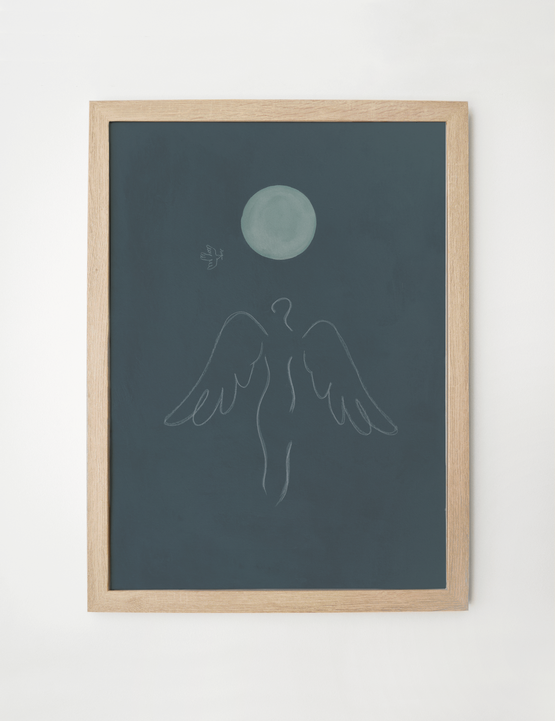 Guardian Angel, Good Night Prayer framed print, an angel drawn with open wings beneath a rising moon on a midnight blue ground