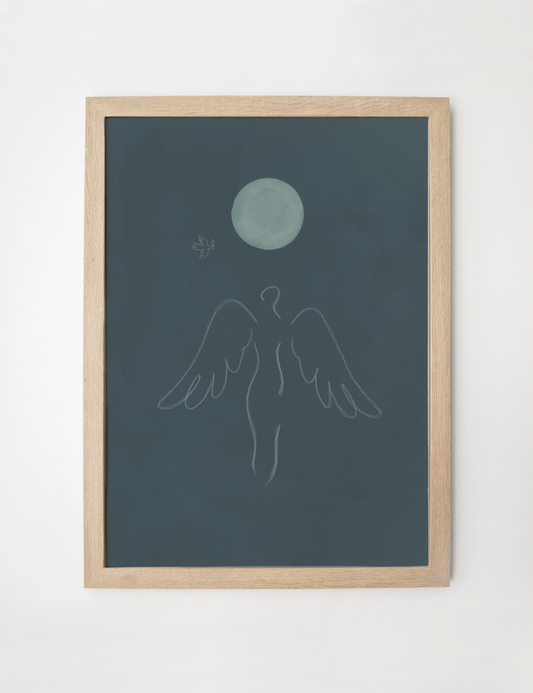 Guardian Angel, Good Night Prayer framed print, an angel drawn with open wings beneath a rising moon on a midnight blue ground