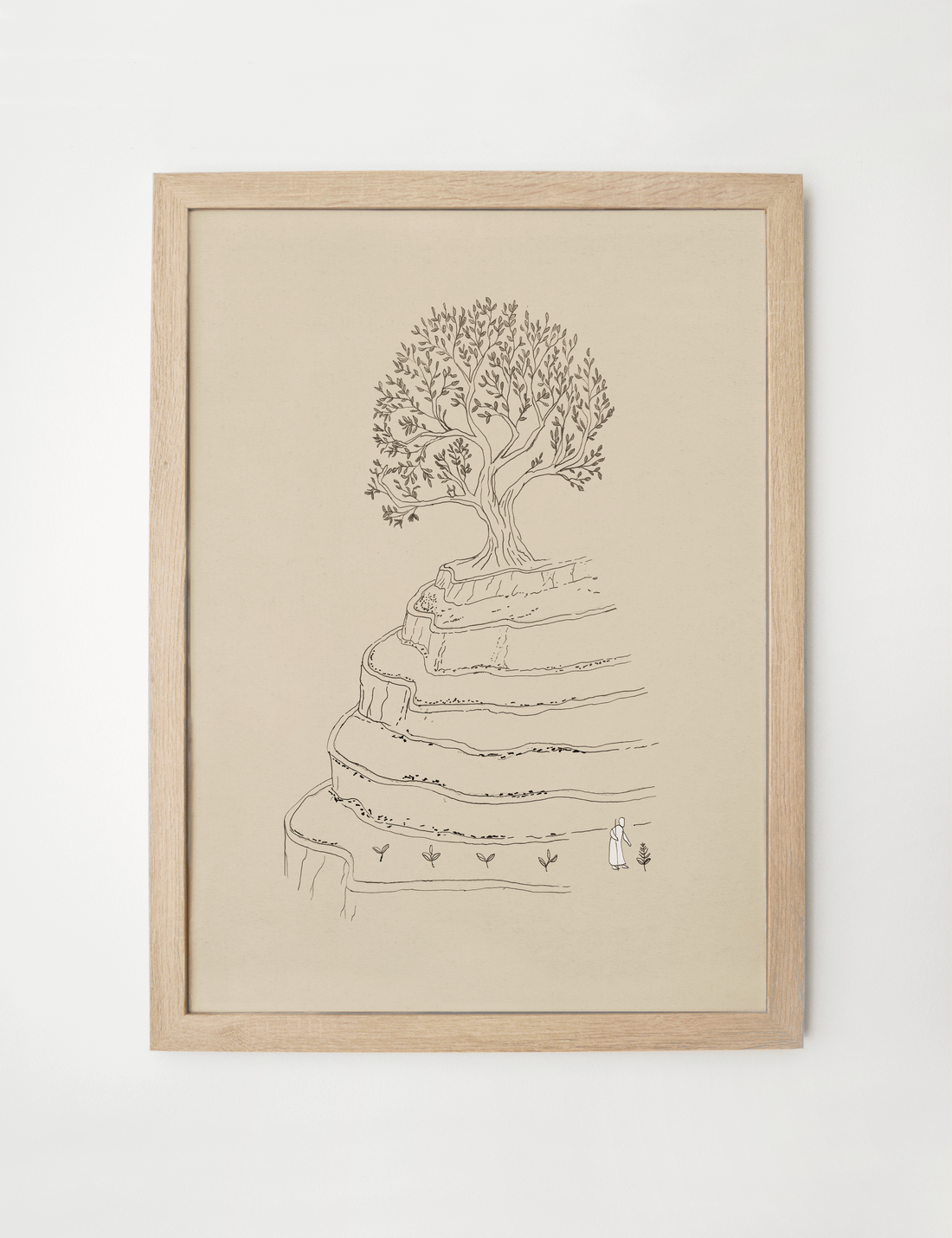 Faith as Small as a Mustard Seed framed print, a small figure standing below a full grown tree rising above terraced hills