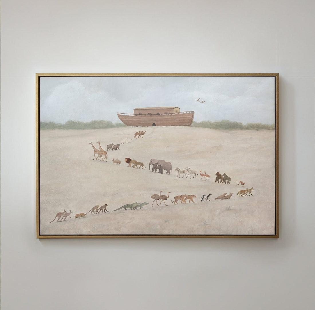 Noah's Ark canvas, animal pairs walking in a long line toward the ark across warm beige ground