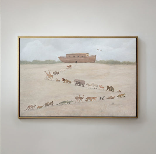 Noah's Ark canvas, animal pairs walking in a long line toward the ark across warm beige ground