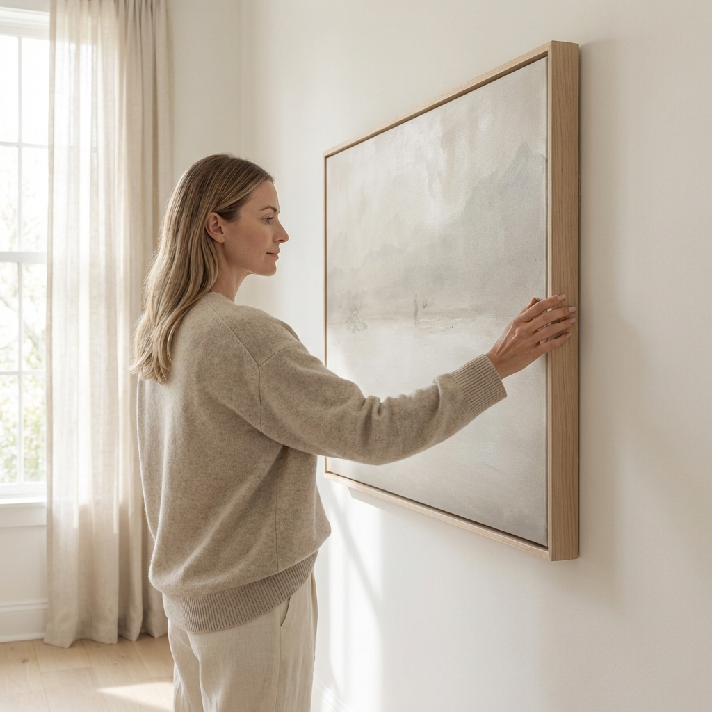 Woman hanging modern Christian wall art in a neutral-toned living room, styling a gold-framed canvas print as a faith-inspired focal point above minimal decor