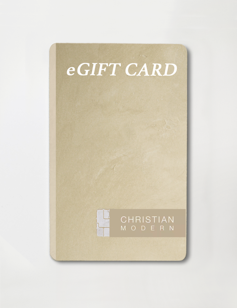 Christian Modern eGift Card in beige and gold tones with brand logo, digital gift card for faith-inspired wall art