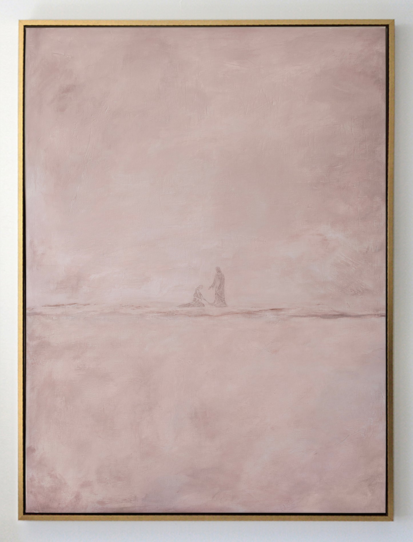 Minimalist Jesus Heals the Bleeding Woman canvas art, neutral pastel pink and soft blush wall decor for modern Christian home, Mark 5:29 bible story illustration.