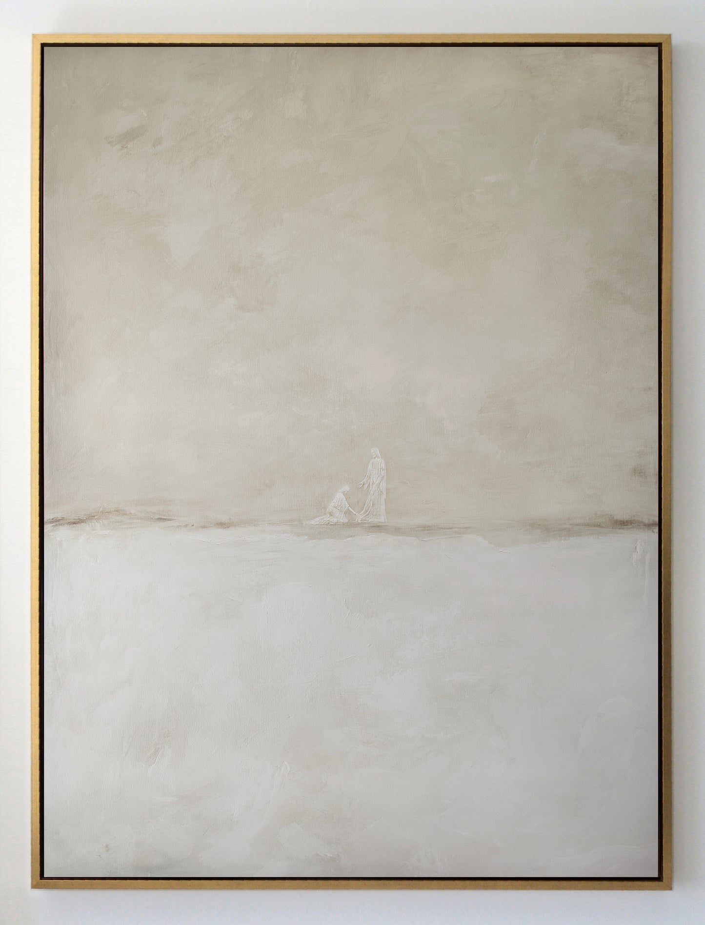 Minimalist Jesus Heals the Bleeding Woman canvas art, neutral beige and ivory wall decor for modern Christian home, Mark 5:29 bible story illustration.