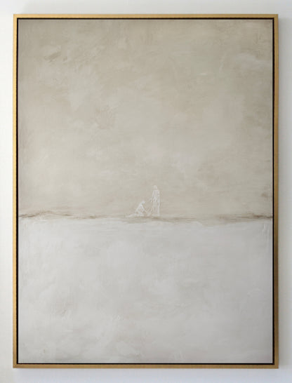 Minimalist Jesus Heals the Bleeding Woman canvas art, neutral beige and ivory wall decor for modern Christian home, Mark 5:29 bible story illustration.