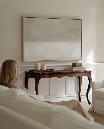 Jesus Leaves the 99 canvas painting hung above a neutral modern console — living room faith art — Christian Modern