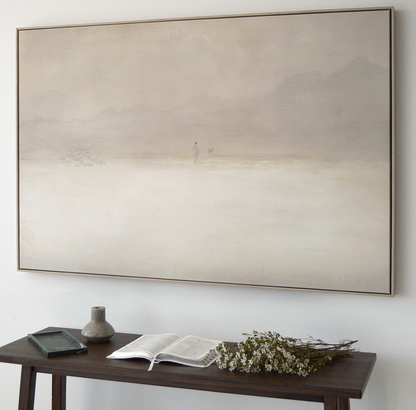 Jesus Leaves the 99 canvas painting hung above a modern living room table — living room faith art — Christian Modern
