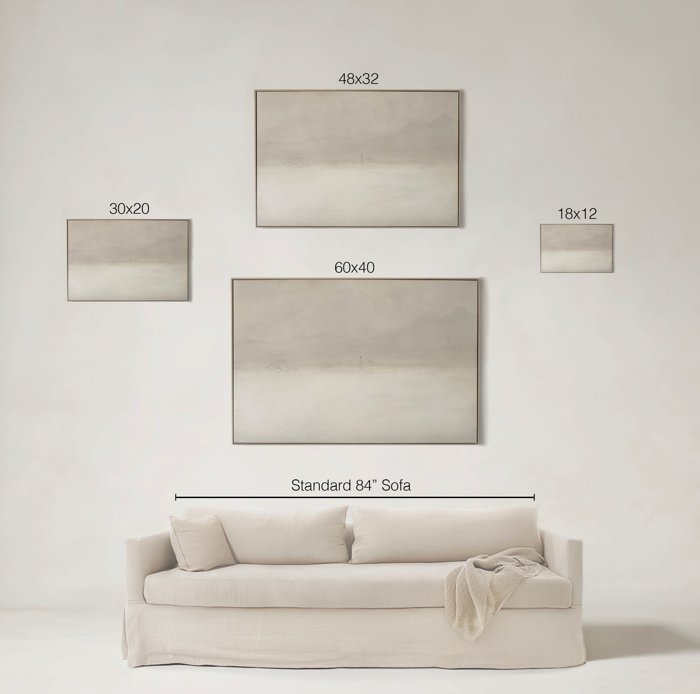 Jesus Leaves the 99 size comparison — 18×12, 30×20, 48×32, and 60×40 inch canvas options — Christian Modern