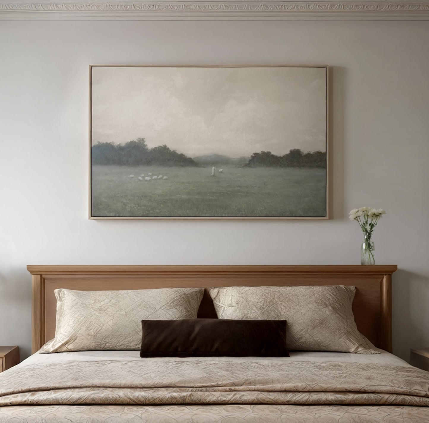The Lord Is My Shepherd Psalm 23 canvas hanging above a wooden headboard in a calm neutral bedroom, a frequent comfort and sympathy gift placement — Christian Modern
