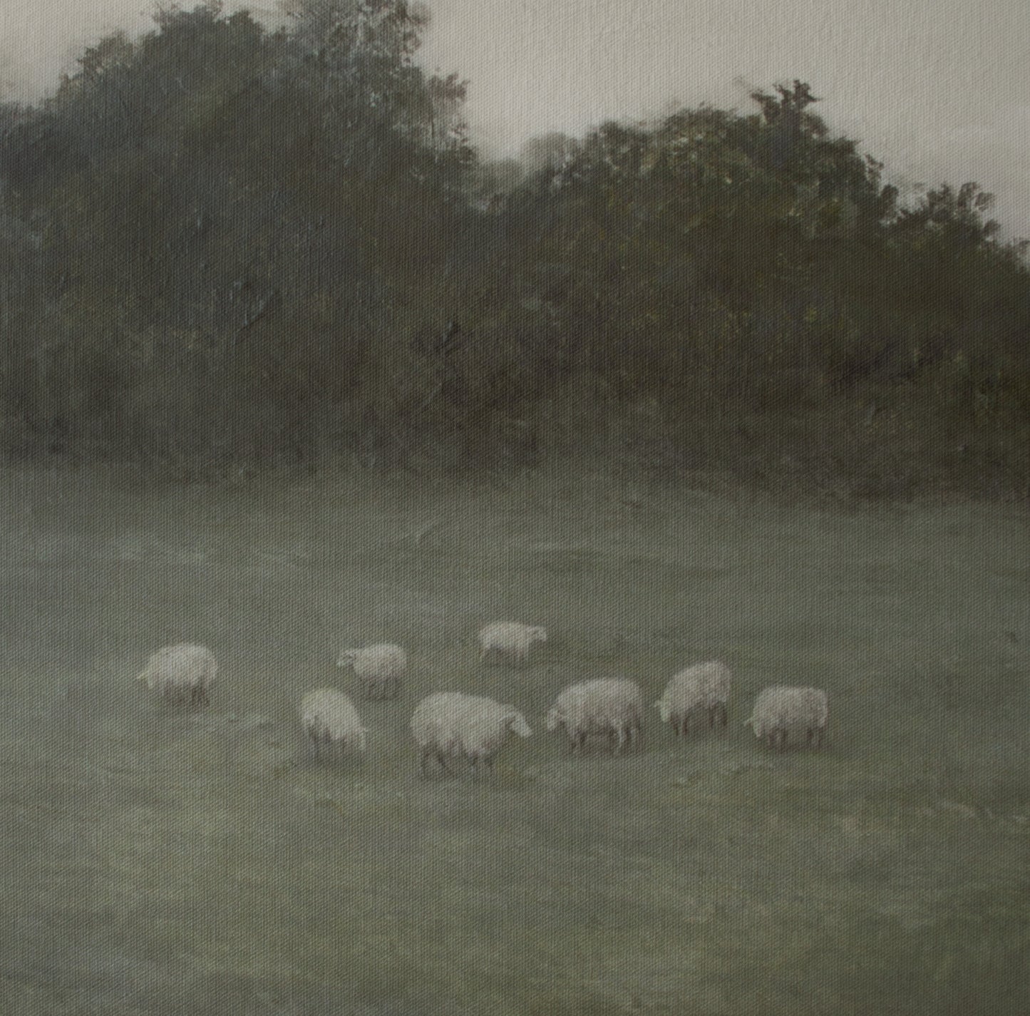 Close-up brush detail of the sheep flock in The Lord Is My Shepherd painting, showing the impressionist texture and muted sage palette of the Shepherd's Psalm canvas — Christian Modern