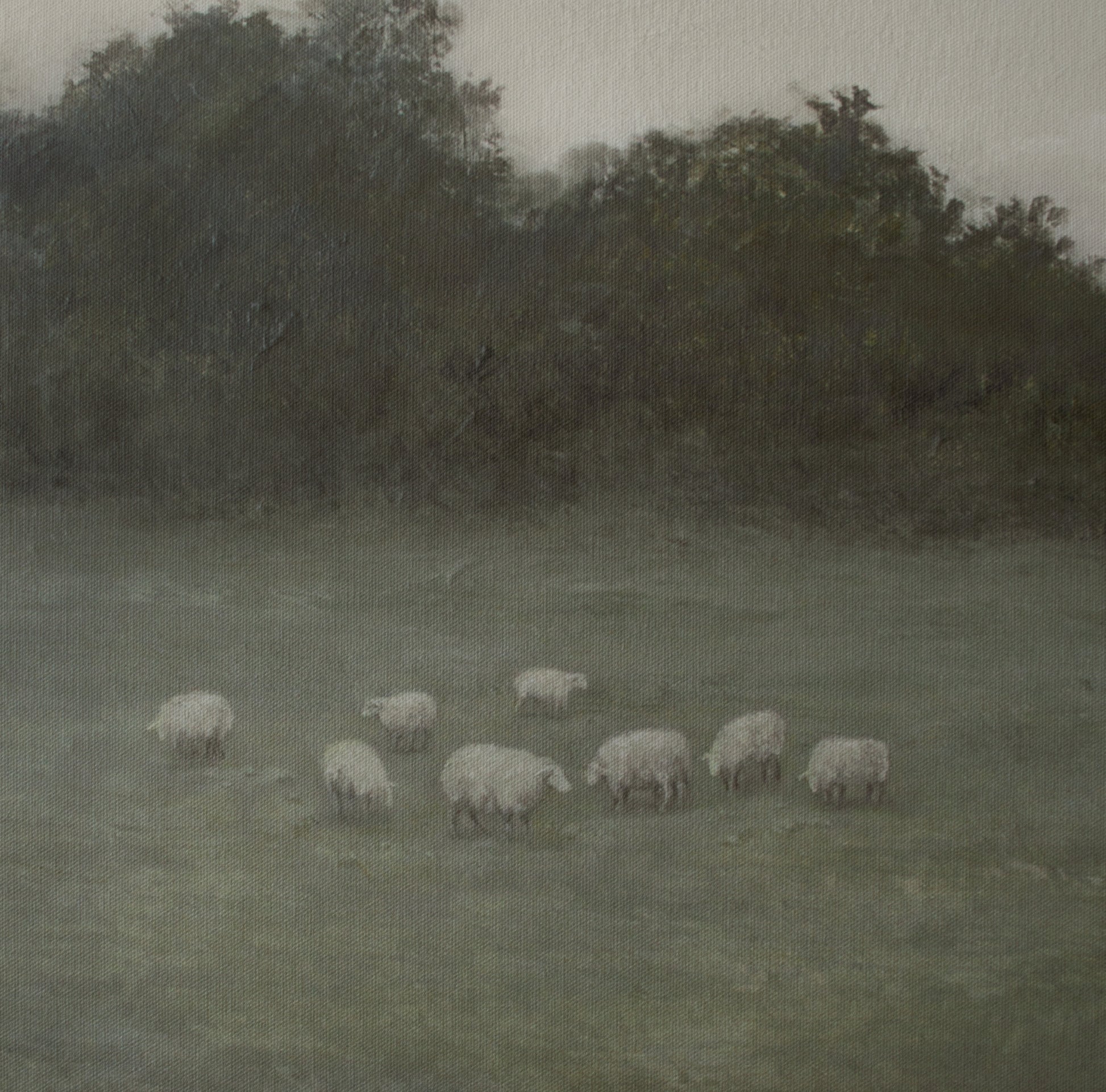 Close-up brush detail of the sheep flock in The Lord Is My Shepherd painting, showing the impressionist texture and muted sage palette of the Shepherd's Psalm canvas — Christian Modern