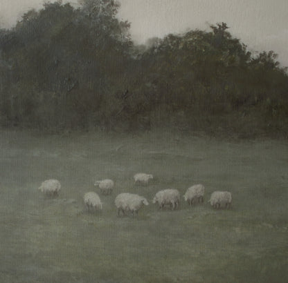 Close-up brush detail of the sheep flock in The Lord Is My Shepherd painting, showing the impressionist texture and muted sage palette of the Shepherd's Psalm canvas — Christian Modern
