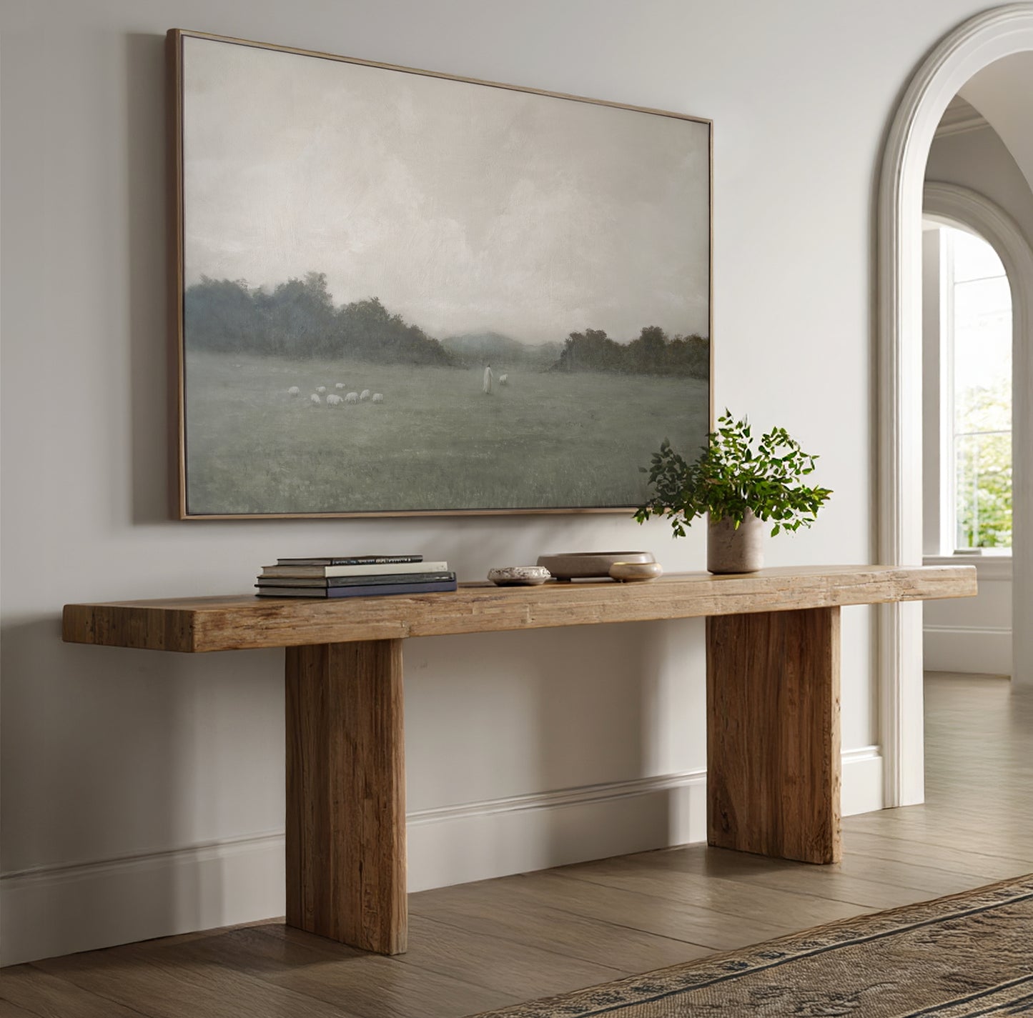 The Lord Is My Shepherd Christian wall art styled above a reclaimed wood console table in a modern farmhouse entryway, in a light wood frame — Christian Modern