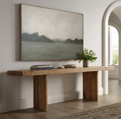 The Lord Is My Shepherd Christian wall art styled above a reclaimed wood console table in a modern farmhouse entryway, in a light wood frame — Christian Modern