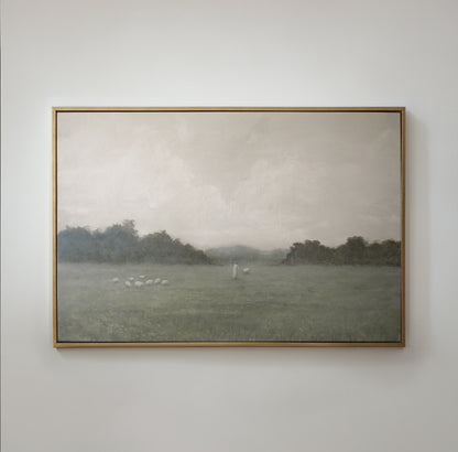 The Lord Is My Shepherd framed canvas wall art depicting Psalm 23, Jesus as the Good Shepherd walking with a flock of sheep through a green pasture, in a gold floater frame — Christian Modern