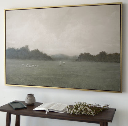 The Lord Is My Shepherd in a gold frame styled above a console with an open Bible, fitting for prayer rooms and Bible study spaces — Christian Modern