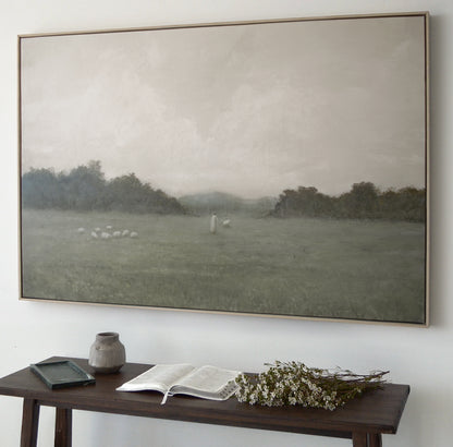 The Lord Is My Shepherd in a light wood frame styled above a console with an open Bible, fitting for living rooms — Christian Modern