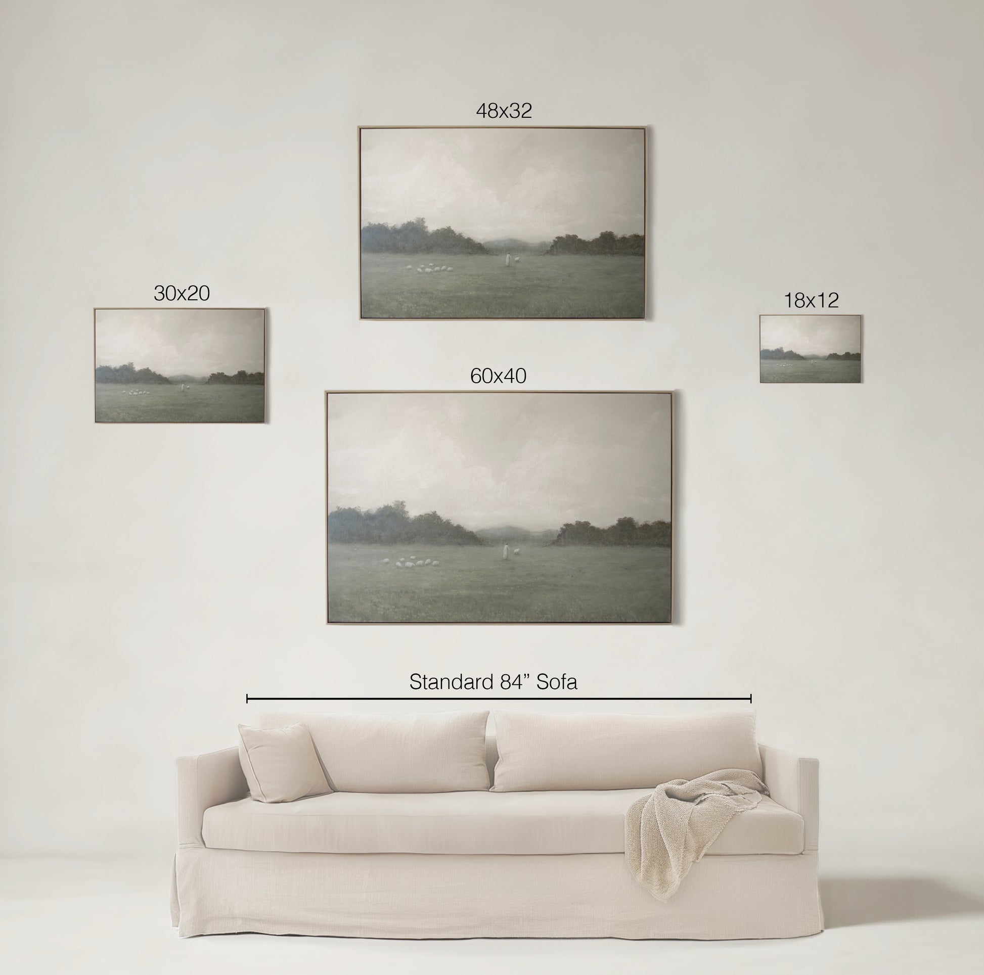 Size comparison of The Lord Is My Shepherd framed canvas in 18x12, 30x20, 48x32, and 60x40 inches above a standard 84 inch sofa — Christian Modern
