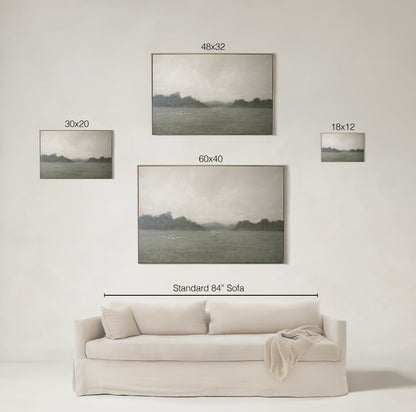 Size comparison of The Lord Is My Shepherd framed canvas in 18x12, 30x20, 48x32, and 60x40 inches above a standard 84 inch sofa — Christian Modern